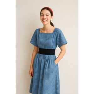 Staud Amy Midi Dress in Azure Blue Pinstripe size M Medium Cotton Fit and Flare